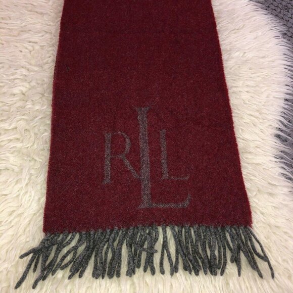 Lauren RALPH LAUREN Wool Red Gray 100% Virgin Lambswool Fringe Logo Italy - Picture 3 of 12